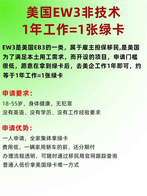 美国EW3非技术移民：1年工作=1张美国绿卡